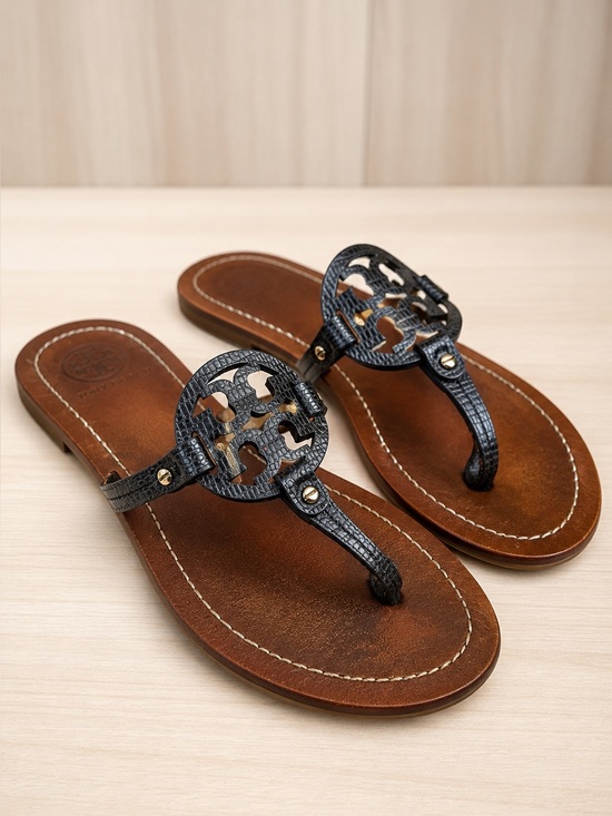 Tory Burch Shoes - Tory Burch Miller Blue Leather Thong Sandals Women Size 6.5 Flat Logo Medallion